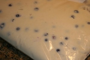 Blueberry muffin batter ready for fresh baked muffins in the morning