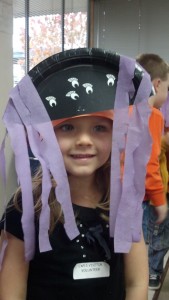 Ashley in her spider hat she made at the Harvest Party in Molly's class